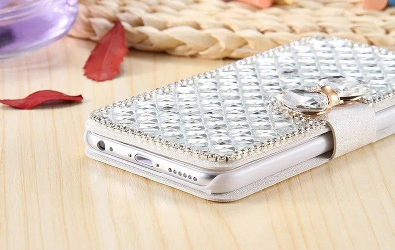 Luxury bling rhinestone wallet flip cover case in PU, 120g, Rose Gold or White, for iPhone and Samsung