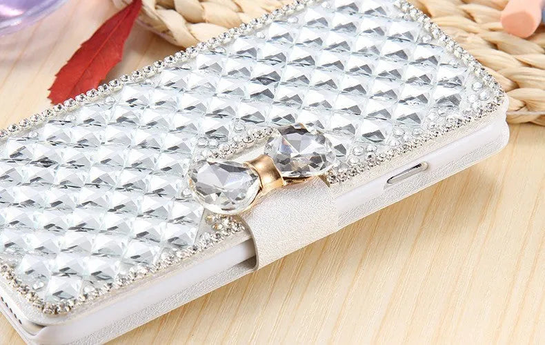 Luxury bling rhinestone wallet flip cover case in PU, 120g, Rose Gold or White, for iPhone and Samsung