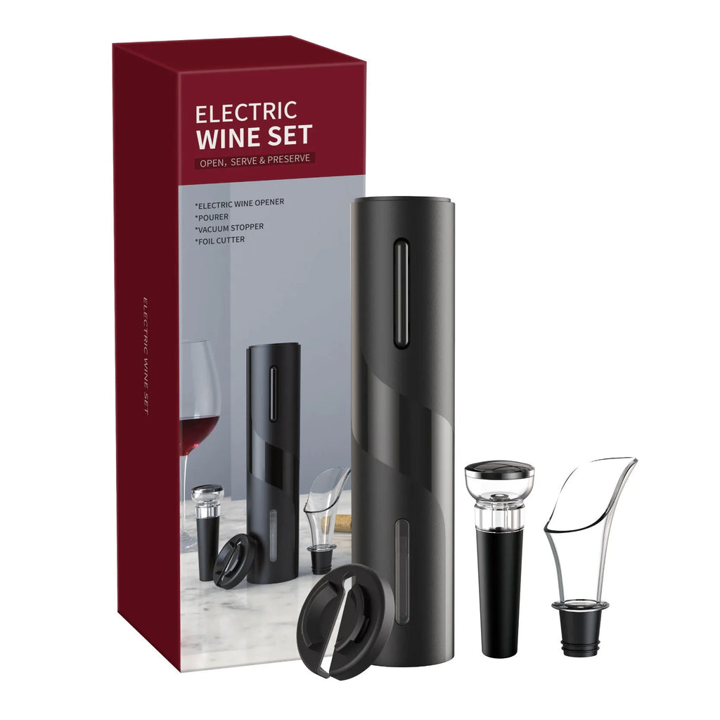 Electric wine bottle opener, ABS matte black, 48x215mm, with alloy spiral hook and foil cutter