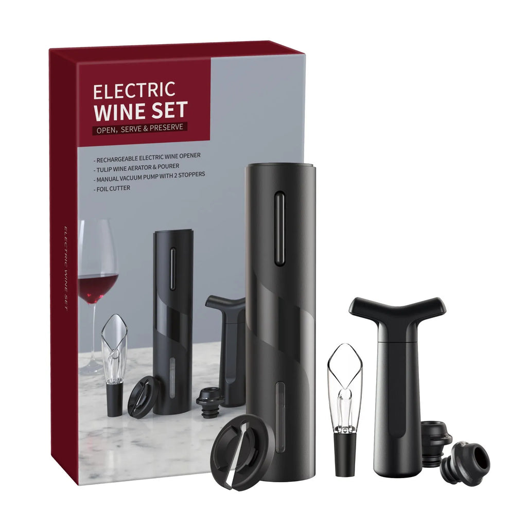 Electric wine bottle opener, ABS matte black, 48x215mm, with alloy spiral hook and foil cutter