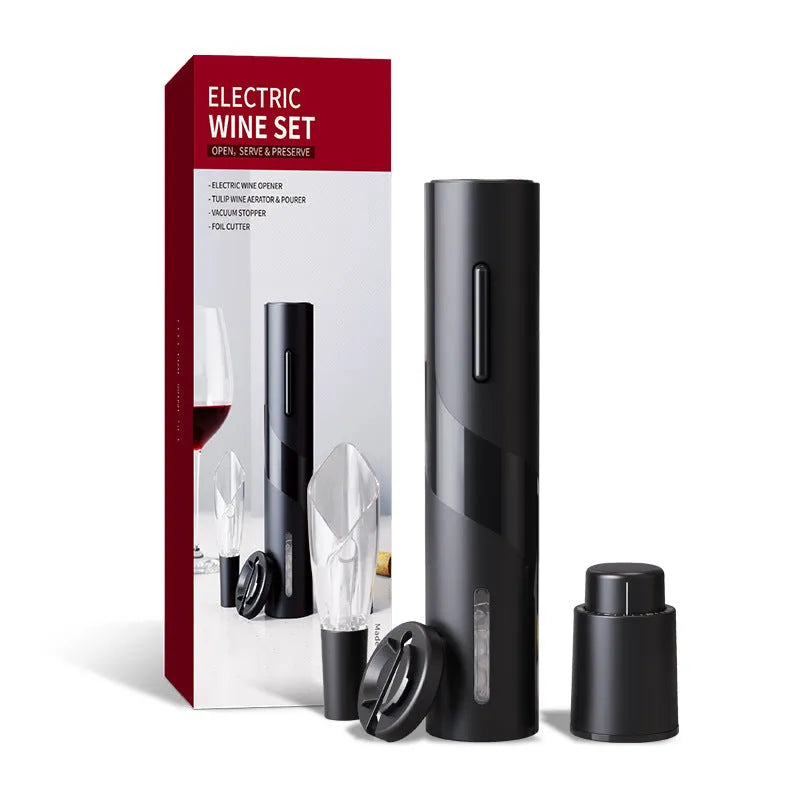 Electric wine bottle opener, ABS matte black, 48x215mm, with alloy spiral hook and foil cutter