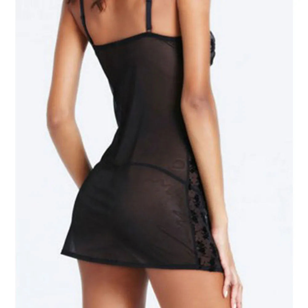 Rose pattern mesh lace sling skirt lingerie for women, black colour with lace trim