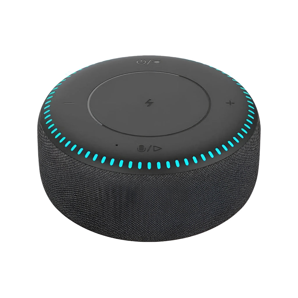Black wireless charging Bluetooth speaker unit with USB port on a desktop.