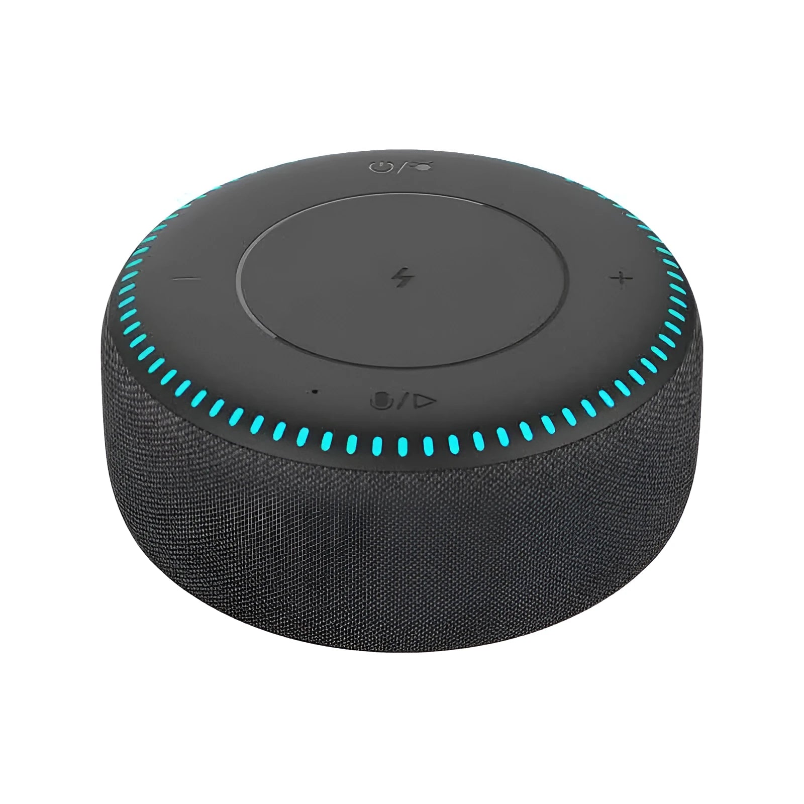 Black wireless charging Bluetooth speaker unit with USB port on a desktop.