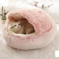 A soft, plush pet bed in various colors, including olive green, brown, pink, and grey, designed for the comfort and relaxation of cats and dogs.