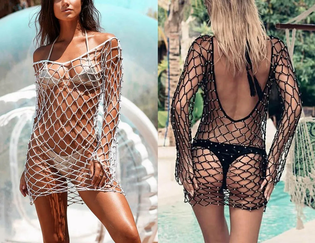 Sling swimsuit cover-up with round neck and straight cut in white or black, sizes S to XL