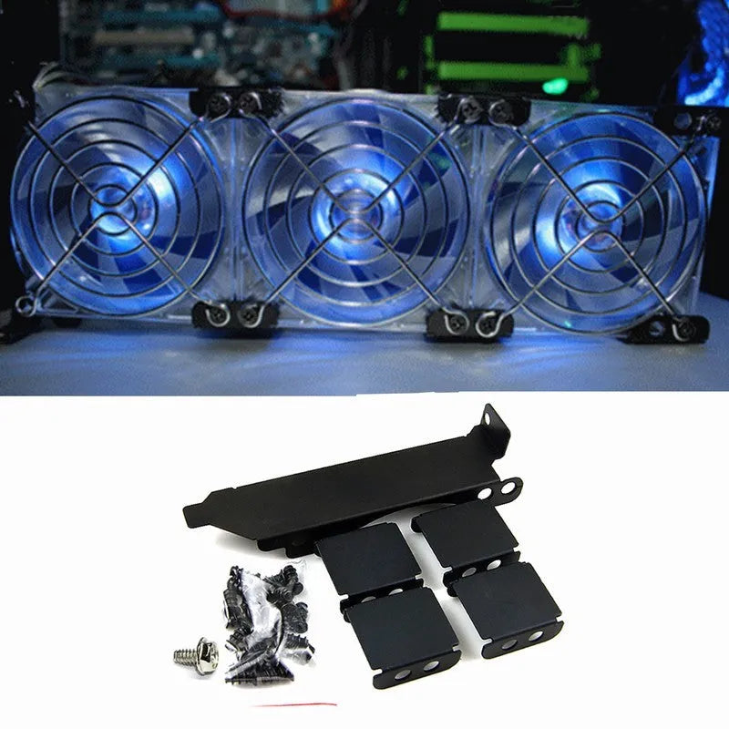 Graphics card cooling fan bracket showing 80mm and 90mm fan mounting points in three colour options