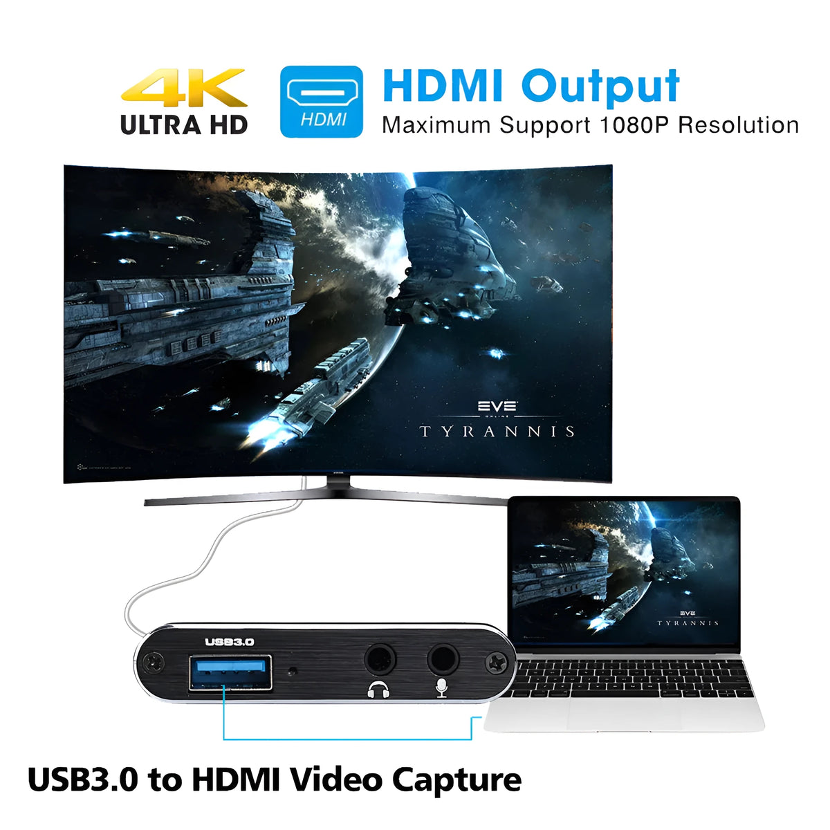 Black HDMI video capture card with USB3.0, 4K input, 1080P 60FPS capture, ITE chip.