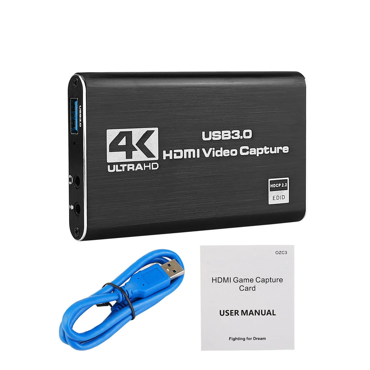 Black HDMI video capture card with USB3.0, 4K input, 1080P 60FPS capture, ITE chip.