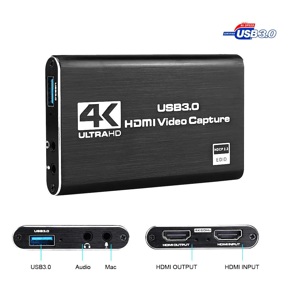 Black HDMI video capture card with USB3.0, 4K input, 1080P 60FPS capture, ITE chip.