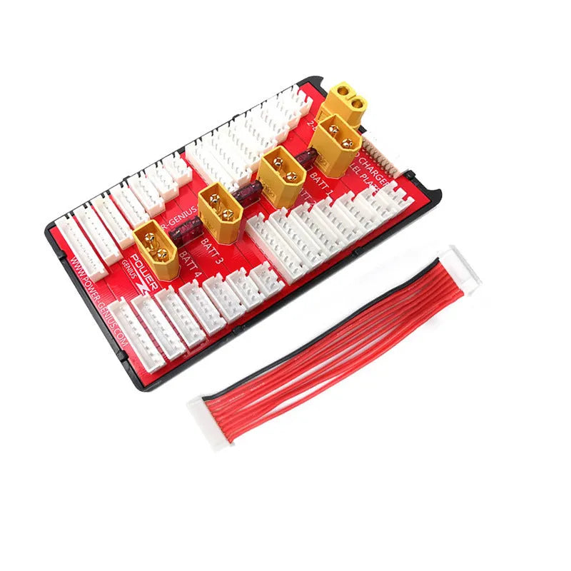 RC parallel charging board adapter with gold connectors and silicone caps for charging multiple LiPo batteries.