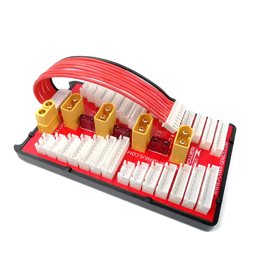 RC parallel charging board adapter with gold connectors and silicone caps for charging multiple LiPo batteries.