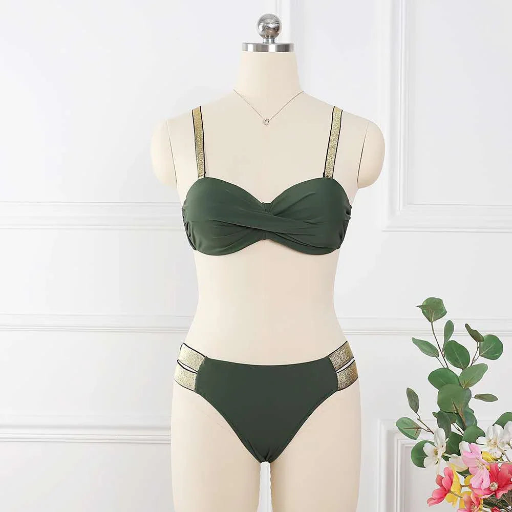 A stylish bandeau bikini set in a variety of vibrant colors, featuring adjustable straps, padded cups, and ruched bottoms for a flattering, customizable fit.