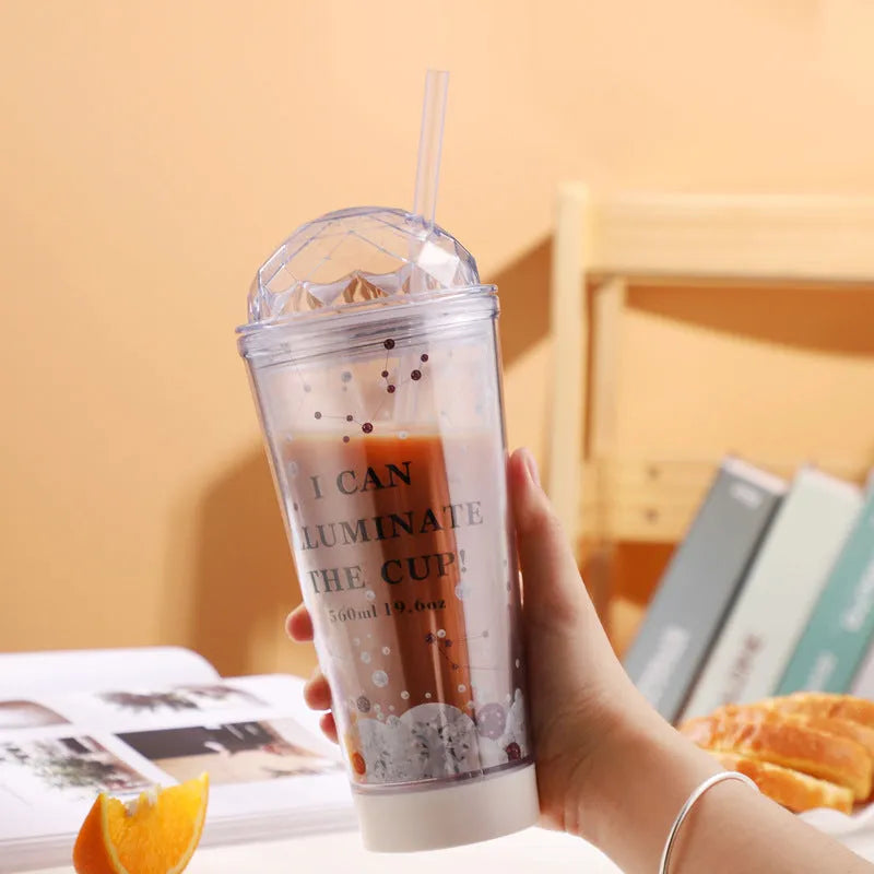 Luminous creative plastic coffee cup with double straws in gradient colours, 560ml capacity, white