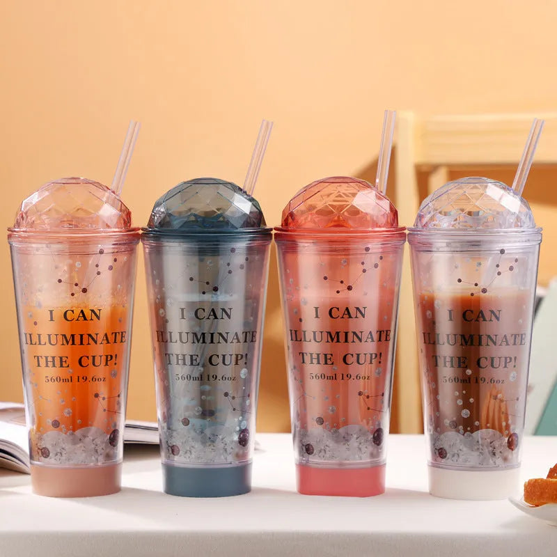 Luminous creative plastic coffee cup with double straws in gradient colours, 560ml capacity, white
