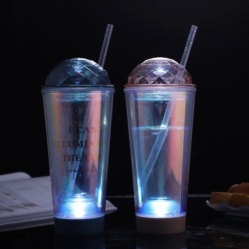 Luminous creative plastic coffee cup with double straws in gradient colours, 560ml capacity, white