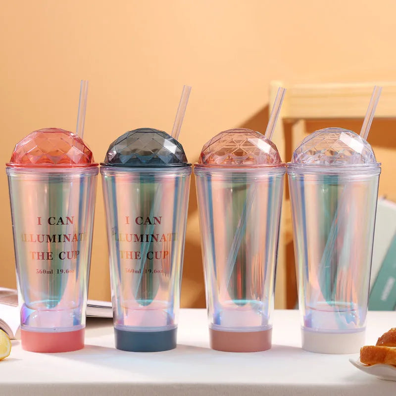 Luminous creative plastic coffee cup with double straws in gradient colours, 560ml capacity, white