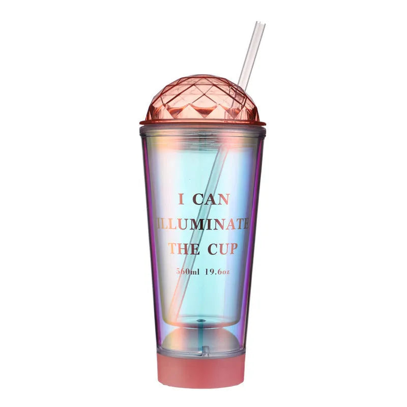 Luminous creative plastic coffee cup with double straws in gradient colours, 560ml capacity, white