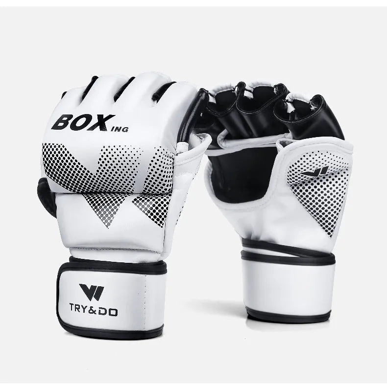TRY&DO BOXING 4 half-finger boxing gloves in black polyurethane leather for MMA training