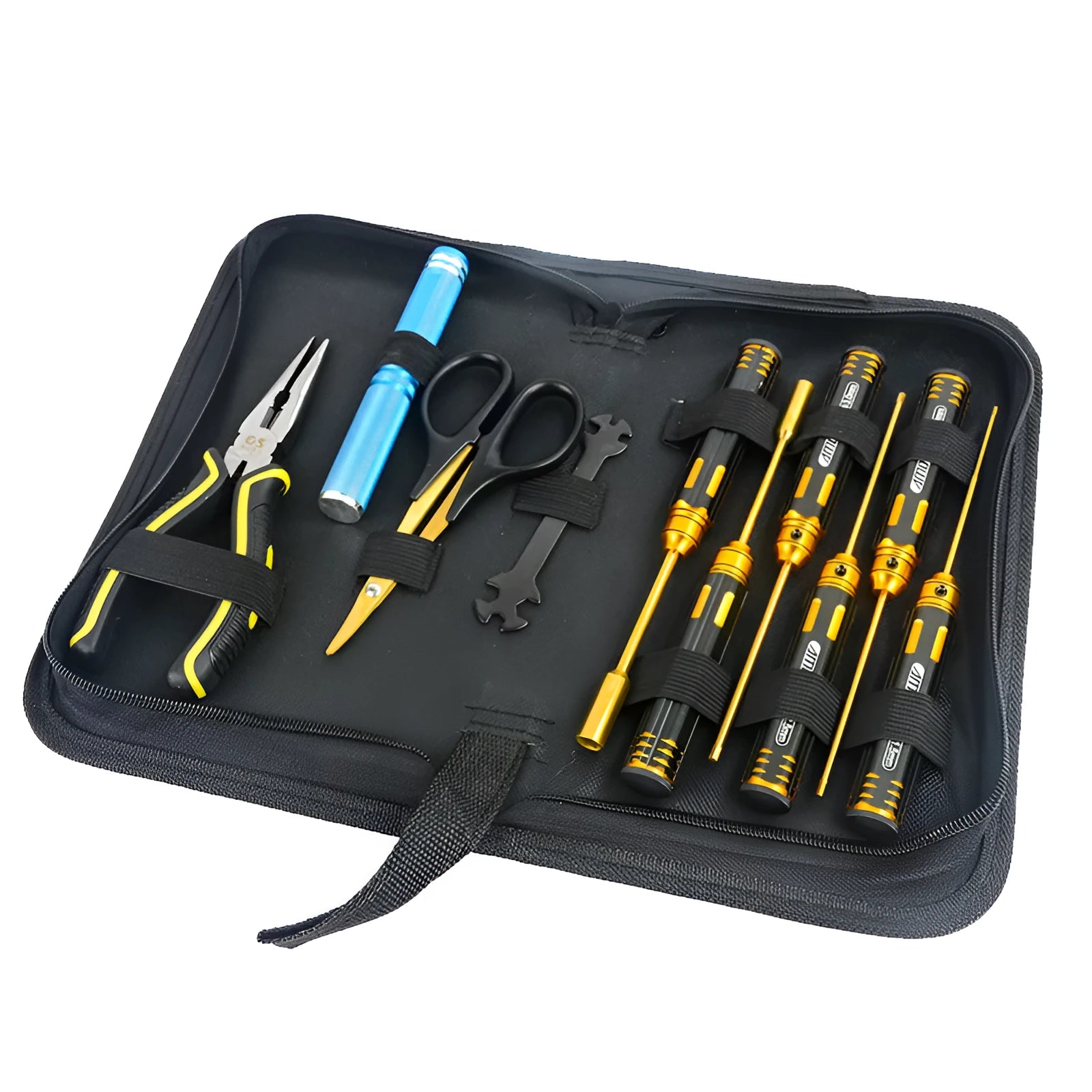 Remote control model car toolkit showing titanium-plated screwdrivers, hexagonal sleeves, M3 M4 sockets, and tool bag