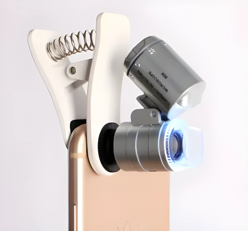 White universal clip mobile phone microscope with 60x magnification for close-up viewing