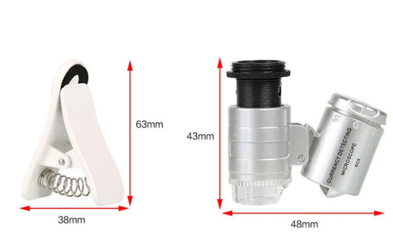 White universal clip mobile phone microscope with 60x magnification for close-up viewing