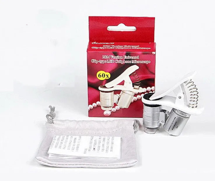 White universal clip mobile phone microscope with 60x magnification for close-up viewing