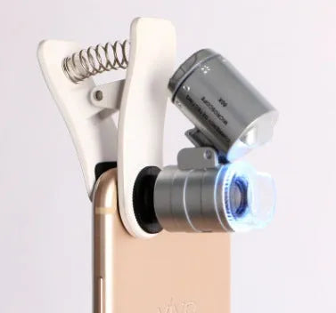 White universal clip mobile phone microscope with 60x magnification for close-up viewing