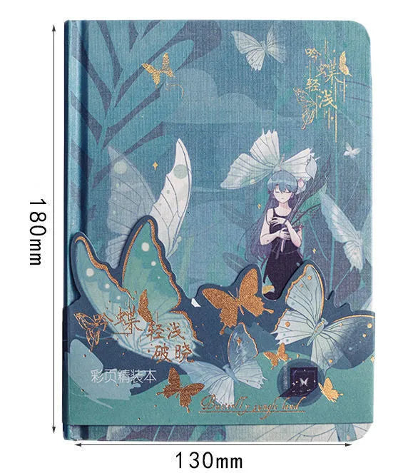 A5 hardcover notebook with butterfly-themed bronzed decoration and colour interior pages