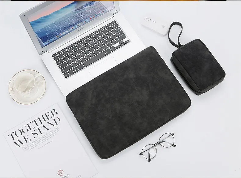 Black PU leather laptop bag liner sleeve with zipper and soft handle