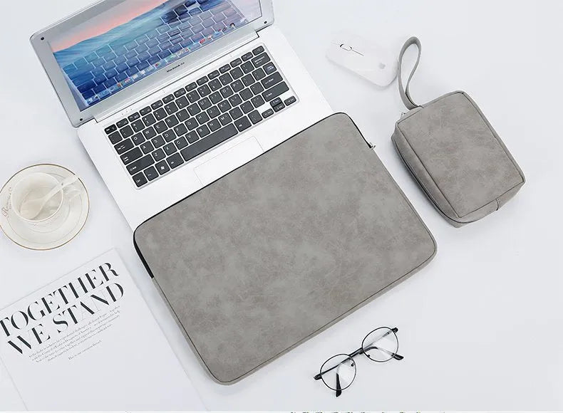 Black PU leather laptop bag liner sleeve with zipper and soft handle