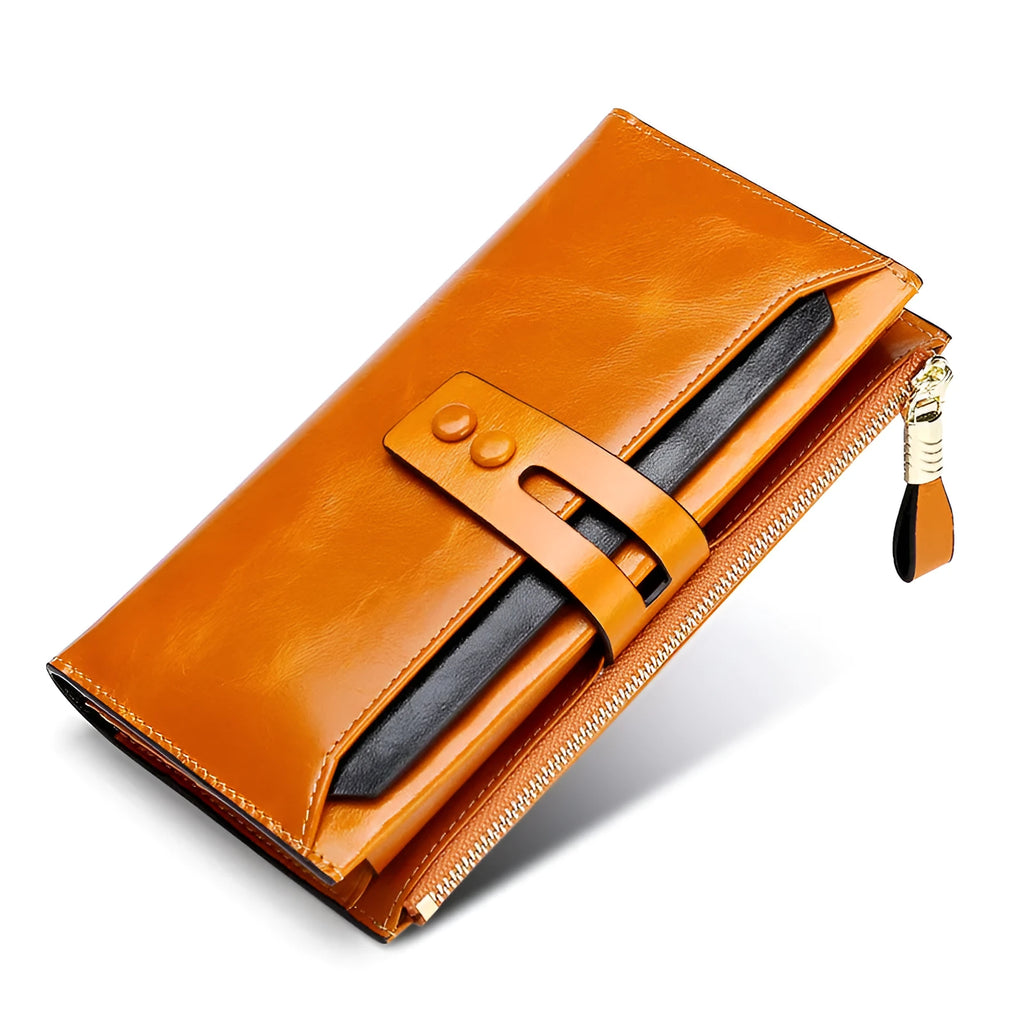 Retro women's leather wallet with multiple card slots and buckle closure in various colour options