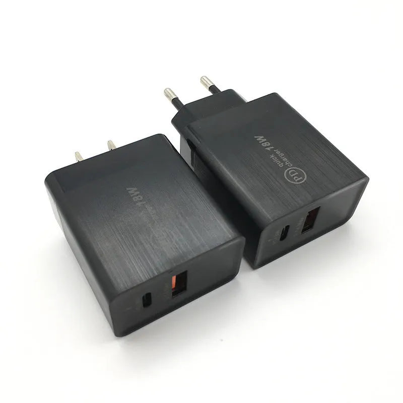 Black 18W USB-C PD fast wall charger with US plug for smartphones