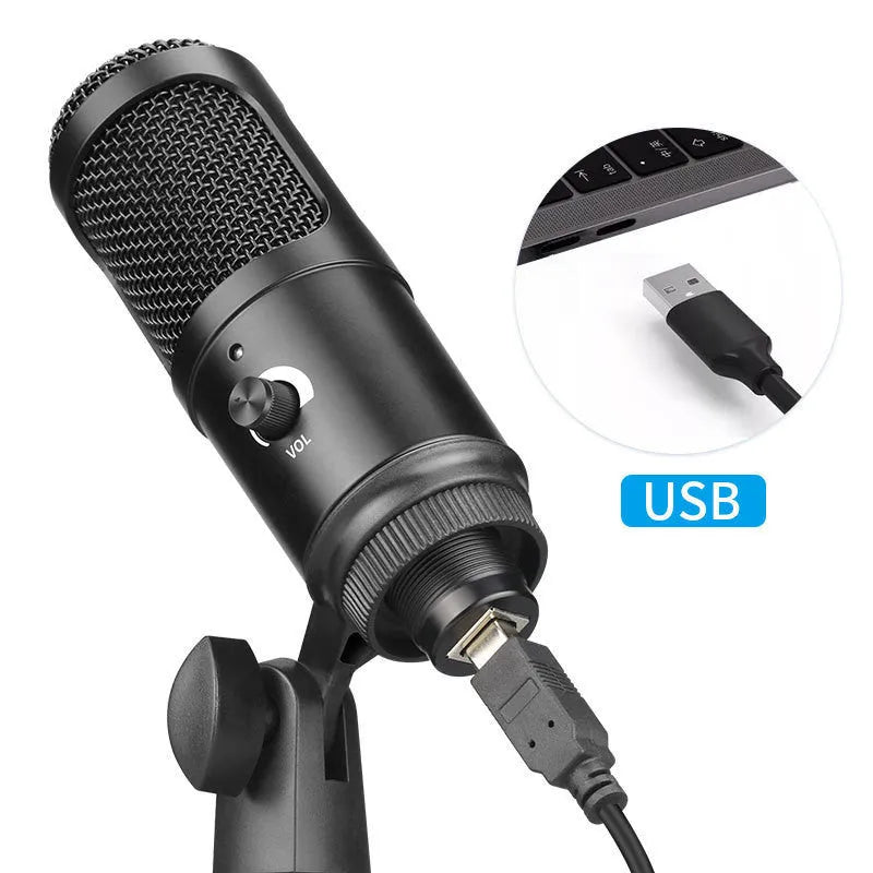 Black USB condenser microphone with stand for computer gaming and recording