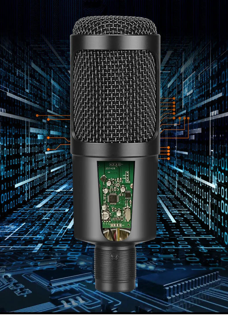 Black USB condenser microphone with stand for computer gaming and recording