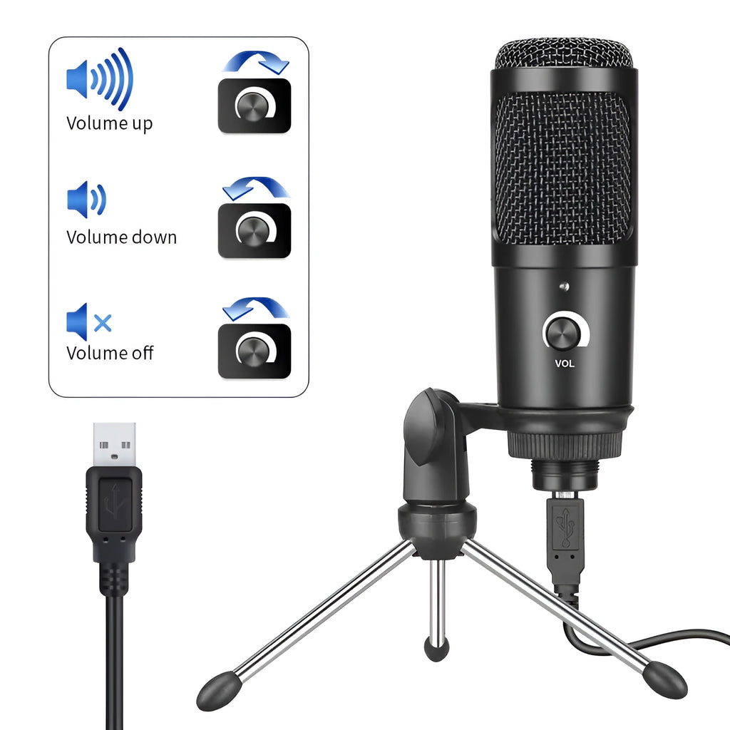 Black USB condenser microphone with stand for computer gaming and recording