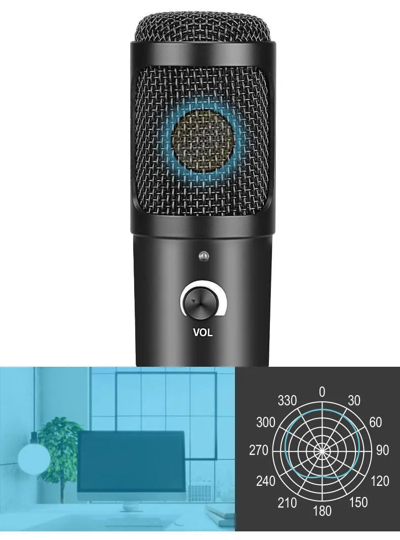 Black USB condenser microphone with stand for computer gaming and recording