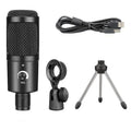 Black USB condenser microphone with stand for computer gaming and recording