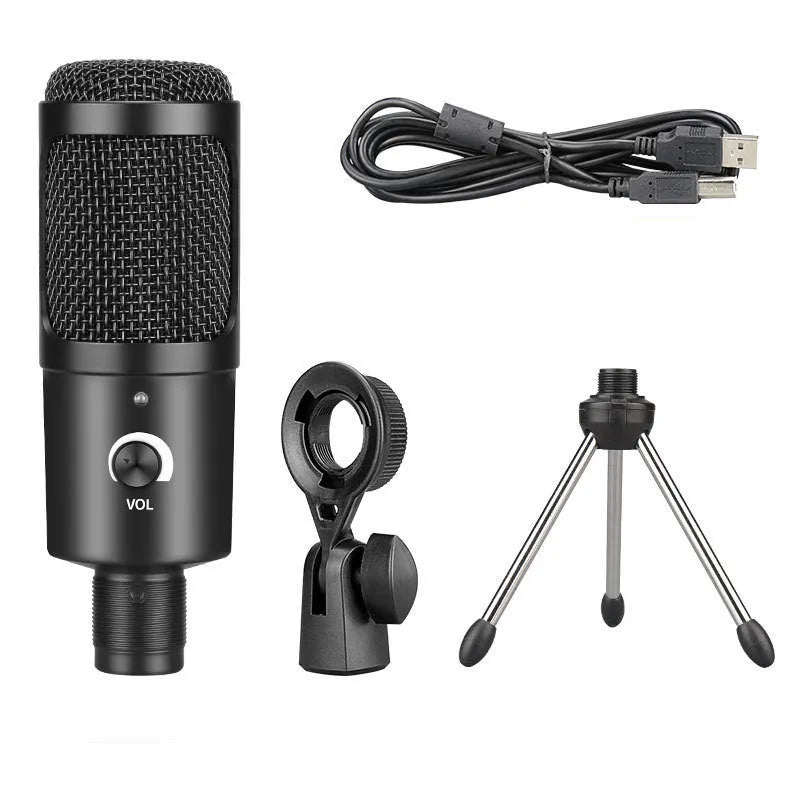 Black USB condenser microphone with stand for computer gaming and recording