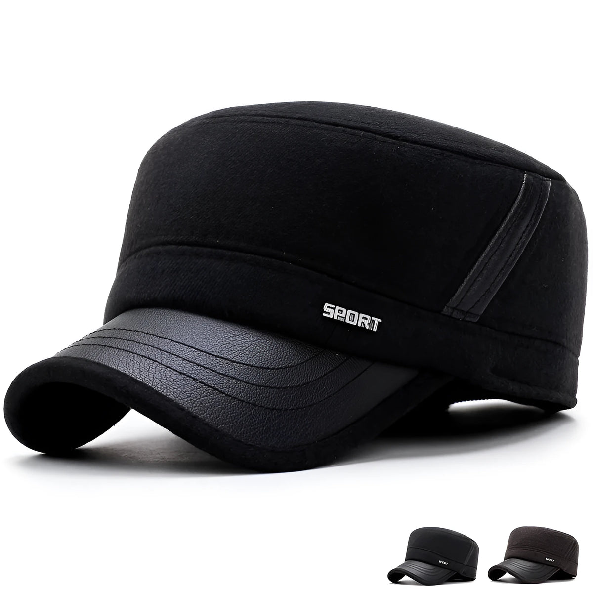 Men's winter flat hat in wool felt with flat top, short curling brim, one size, black grey or coffee colour.