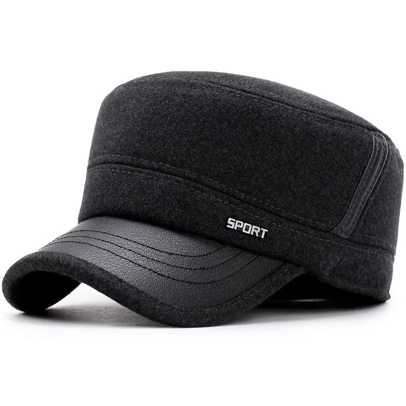 Men's winter flat hat in wool felt with flat top, short curling brim, one size, black grey or coffee colour.