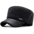 Men's winter flat hat in wool felt with flat top, short curling brim, one size, black grey or coffee colour.