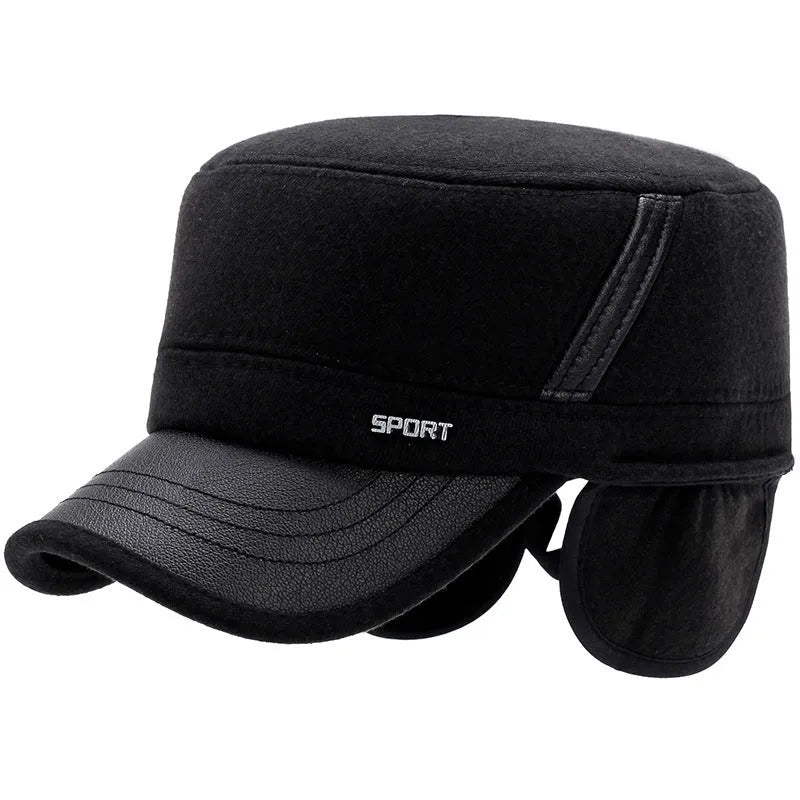 Men's winter flat hat in wool felt with flat top, short curling brim, one size, black grey or coffee colour.