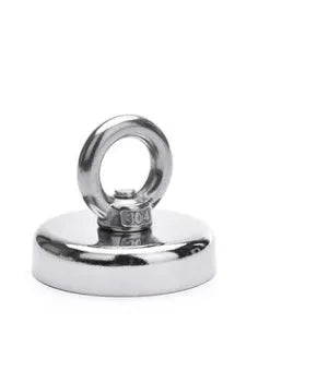 Silver 25mm diameter nickel-plated salvage magnet with a central lifting ring.