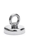 Silver 25mm diameter nickel-plated salvage magnet with a central lifting ring.