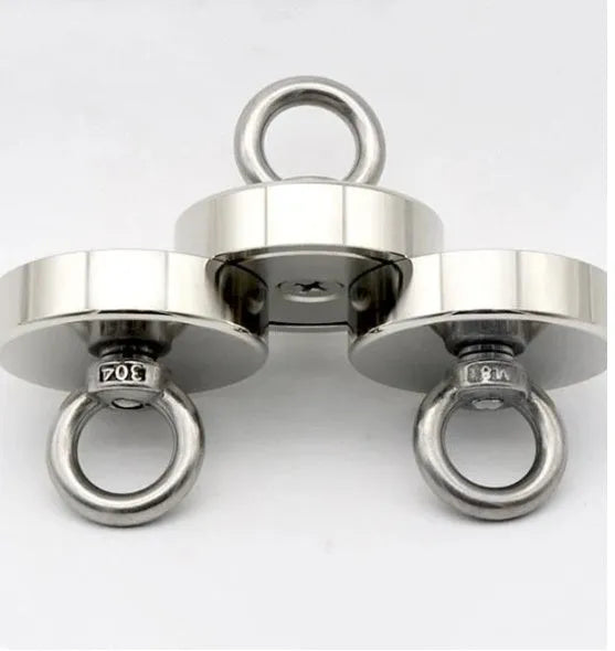 Silver 25mm diameter nickel-plated salvage magnet with a central lifting ring.