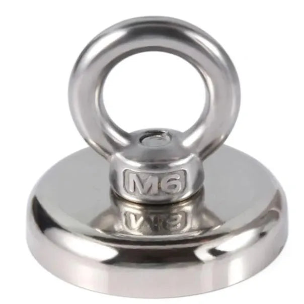 Silver 25mm diameter nickel-plated salvage magnet with a central lifting ring.