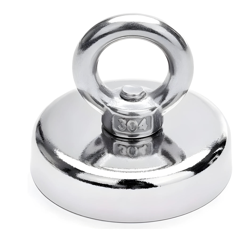 Silver 25mm diameter nickel-plated salvage magnet with a central lifting ring.