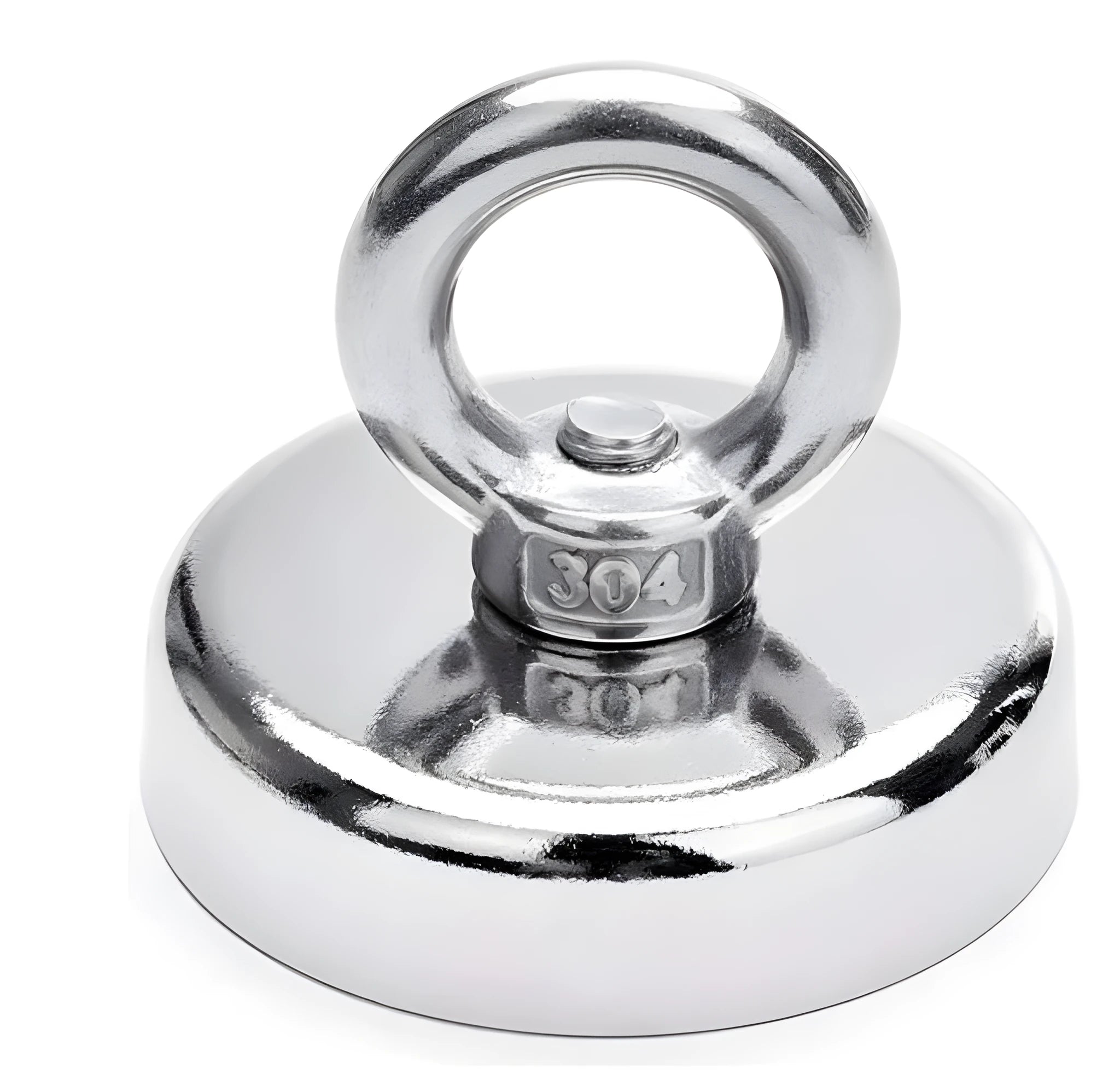 Silver 25mm diameter nickel-plated salvage magnet with a central lifting ring.