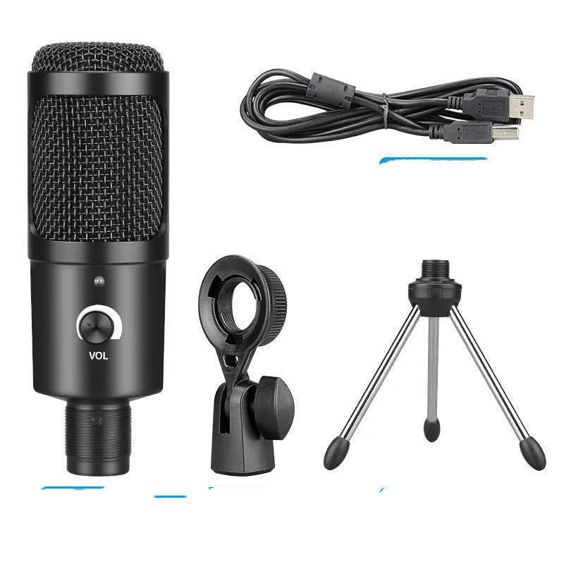 Black condenser microphone with mounting bracket for computer recording setup